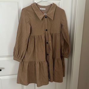 Zara pleated fine wale corduroy dress, tan, size 13-14